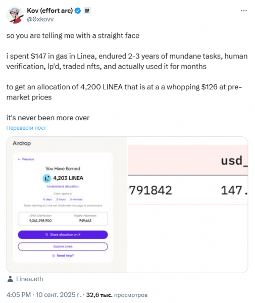 
                    Пользователи недовольны несправедливым airdrop сети Linea                
